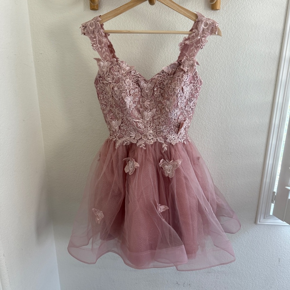 Blush pink butterfly corset Lace mini tulle dress Prom homecoming party size XS